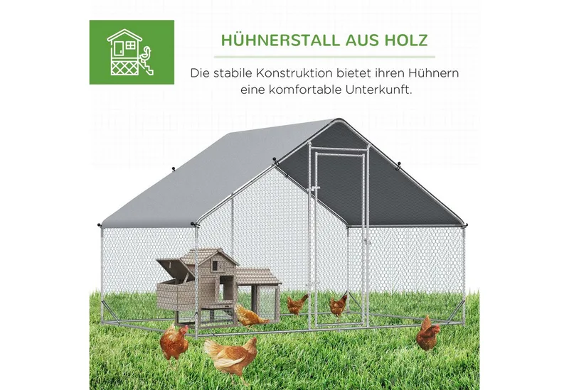 Hühnerstall Freilaufgehege aus Stahl, 300 x 200 x 200 cm Hühnerkäfig mit Abdeckung, Tür, Hühnergehege für 4-6 Hühner, Kleintiere, Silber de PawHut en Silber+Grau – photo produit 5 sur 5