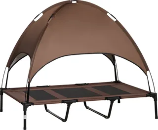 Huisdierenbed met luifel verhoogd hondenbed hondenligbed ademend taft-stof D04-060-1 von PawHut in Braun – Produktfoto 1 von 5