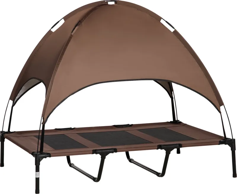 Huisdierenbed met luifel verhoogd hondenbed hondenligbed ademend taft-stof D04-060-1 von PawHut in Braun – Produktfoto 1 von 5