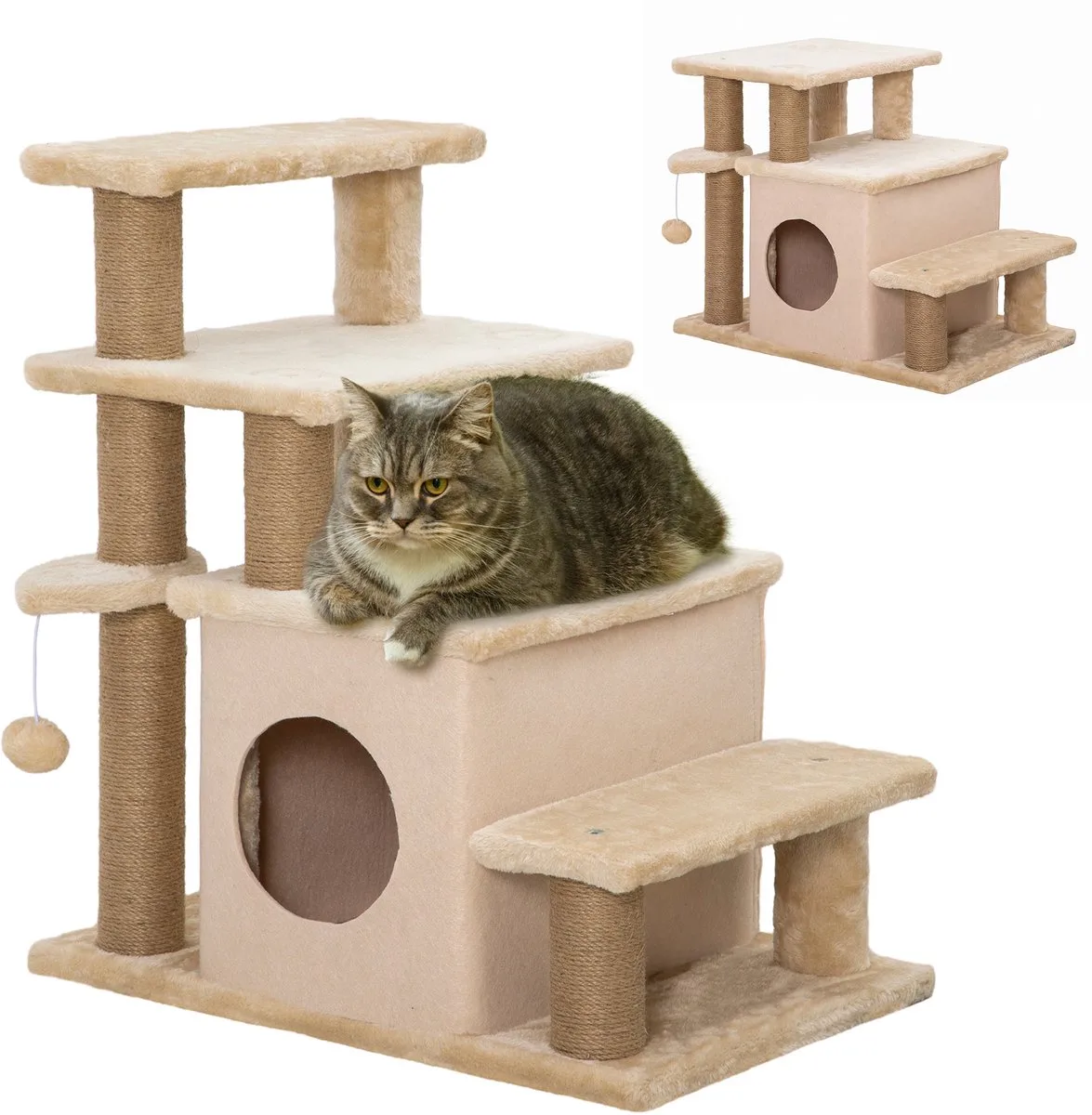 Huisdierentrap met Kattenhuis - Dierentrap - Kattentrap - Opstaphulp van PawHut in Beige – productfoto
