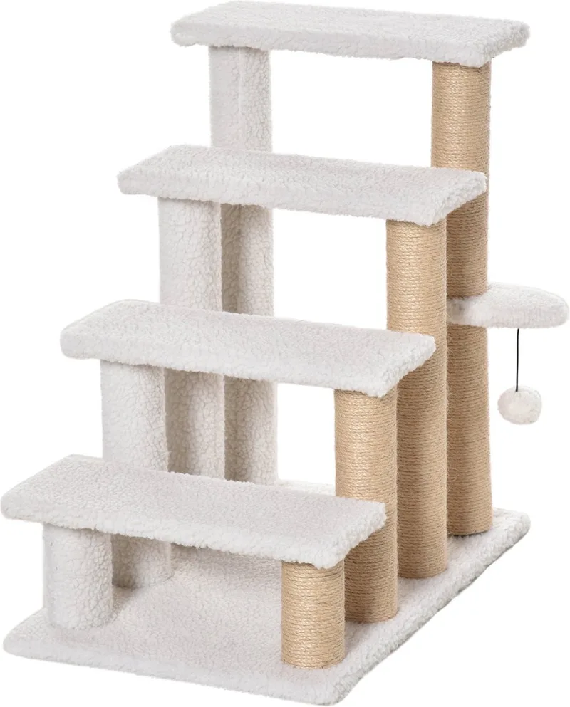 Huisdierentrap met krabpaal bal 4 treden kattentrap dierentrap pluche jute D06-093 de PawHut en Blanc – photo produit