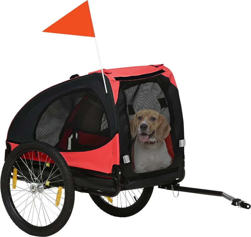 Hundeanhänger, klappbarer Fahrradanhänger für Hunde, Schnellspanner, wasserbeständig, Oxfordstoff, Stahl, 140 x 71 x 83 cm de PawHut en Rouge – photo produit