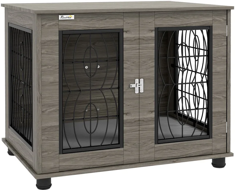 Hundebox für Zuhause, Hundehaus mit Kissen, Verschließbare Vordertür, Indoor Hundehütte mit Drahtgeflecht-Belüftung für mittelgroße Hunde bis 20 kg, 80 x 56 x 63 cm de PawHut en Gris – photo produit
