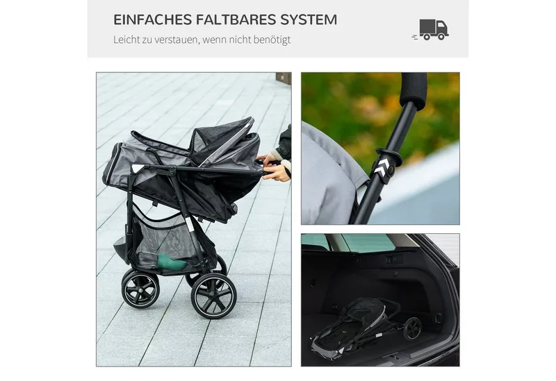 Hundebuggy Haustierwagen mit Regenschutz 2 Sicherheitsleinen Katzenwagen mit Aufbewahrungskorb Klappbar Hundebox für kleine und Miniaturhunde, Oxford från PawHut i Grå – produktbild 5 av 5
