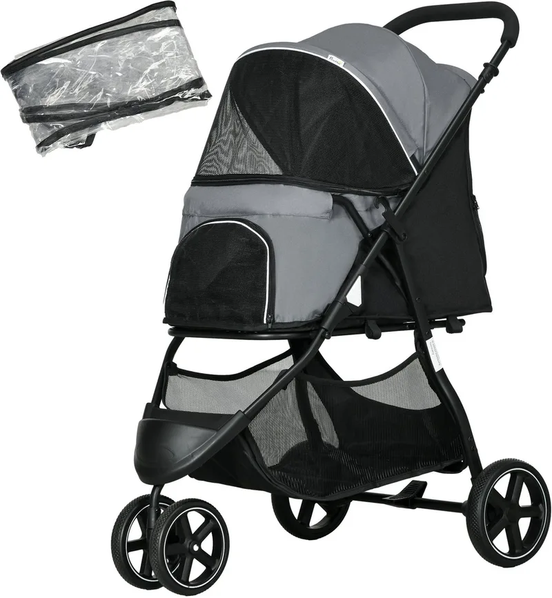 Hundebuggy Haustierwagen mit Regenschutz 2 Sicherheitsleinen Katzenwagen mit Aufbewahrungskorb Klappbar Hundebox für kleine und Miniaturhunde, Oxford by PawHut in Grey – product photo
