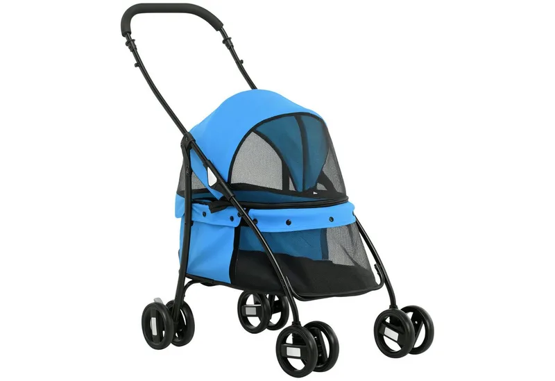 Hundebuggy Hundewagen mit Kissen Meshfenster, Klappbar Katzenwagen bis 10 kg mit 2 Sicherheitsleinen, Hundetrolley, Oxford-Gewebe fra PawHut i Blå – produktbillede 2 af 5