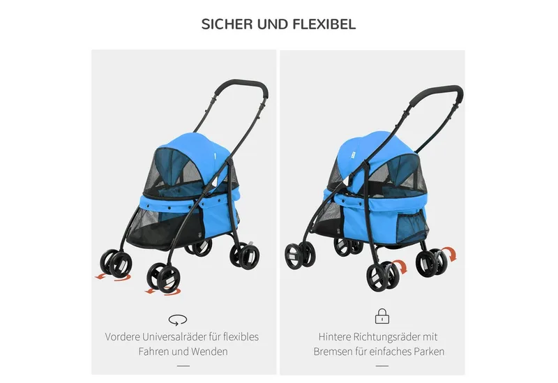 Hundebuggy Hundewagen mit Kissen Meshfenster, Klappbar Katzenwagen bis 10 kg mit 2 Sicherheitsleinen, Hundetrolley, Oxford-Gewebe fra PawHut i Blå – produktbillede 5 af 5