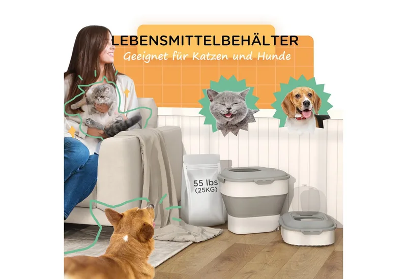 Hundefutter Aufbewahrung, 25 L Zusammenklappbar Futterbehälter mit Messbecher, Schüssel, Löffel für Hunde, Katzenfutter Aufbewahrungsbox mit Rollen, für Trockenfutter från PawHut i Grå – produktbild 4 av 5