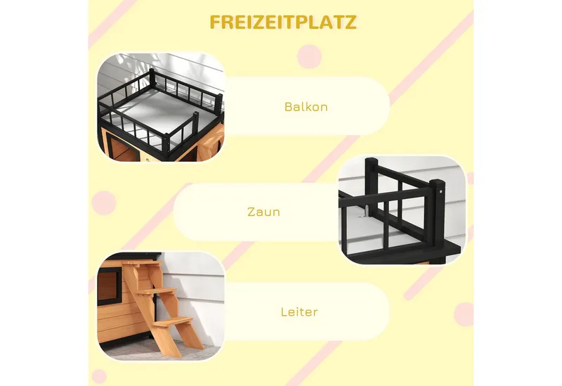 Hundehütte Hundehaus mit Balkon, Erhöhtes Kleintierhaus mit Treppe, Fenster, Hundehöhle für Kleine, Mittele Hunde, Tannenholz, 121 x 77 x 78 cm von PawHut in Gelb – Produktfoto 5 von 5