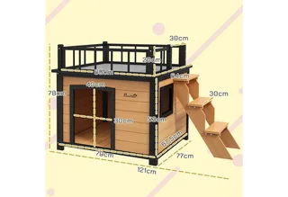 Hundehütte Hundehaus mit Balkon, Erhöhtes Kleintierhaus mit Treppe, Fenster, Hundehöhle für Kleine, Mittele Hunde, Tannenholz, 121 x 77 x 78 cm von PawHut in Gelb – Produktfoto 3 von 5