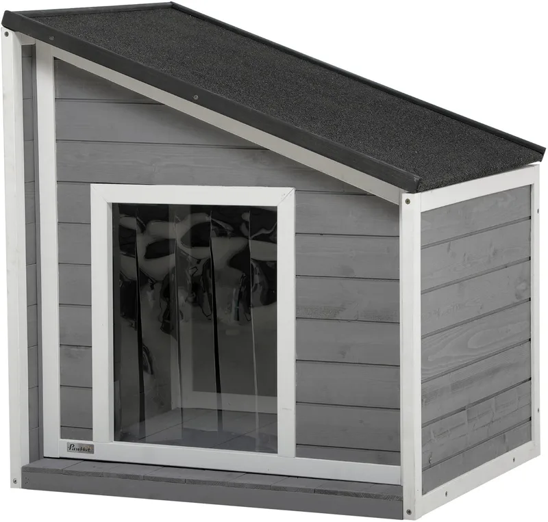 Hundehütte mit zu öffnendem Schrägasphaltdach D02-151V00 by PawHut in Grey, White – product photo