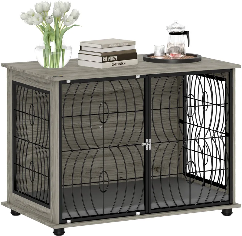 Hundekäfig für Zuhause, Haustierkäfig, Indoor Hundehütte mit Fenster, Hundebox mit Kissen, Hundehaus für große Hunde, 100 x 60 x 73,5 cm fra PawHut i Grå – produktbillede