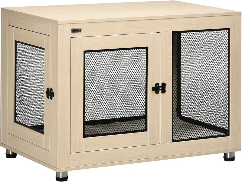 Hundekäfig für Zuhause, Hundebox mit 2 Türen, Waschbaren Kissen, Hundehütte mit Verstellbare Füße, Riegel, für große Hunde bis 30 kg, 94 x 60 x 71,5 cm von PawHut in Eiche – Produktfoto