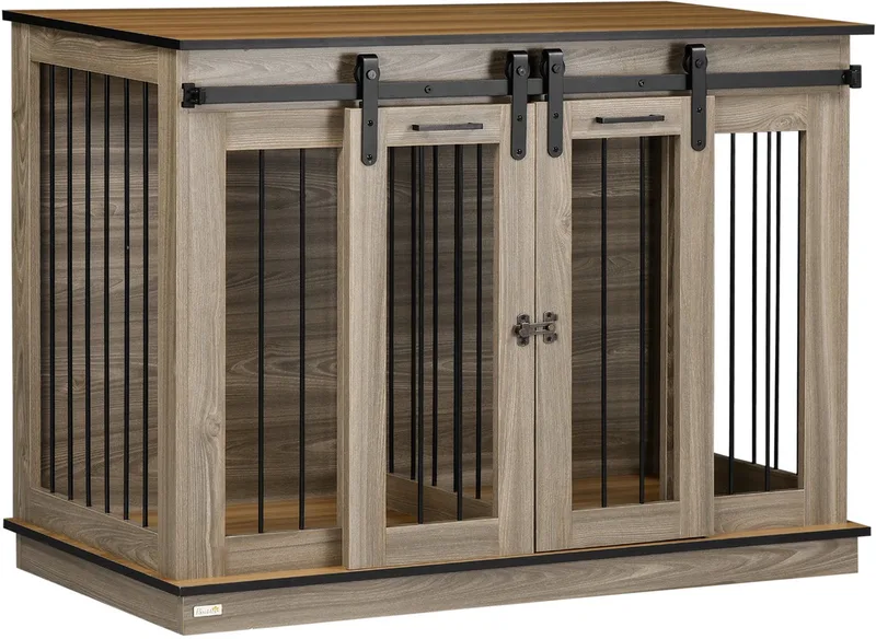 Hundekäfig, Hundehütte mit Zweiraum-Option, Haustierkäfig mit Doppeltüren, Hundebox, Hundehaus für Mittelegroße Hunde, 120 x 60 x 88,5 cm von PawHut in Eiche – Produktfoto