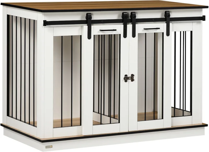 Hundekäfig, Hundehütte mit Zweiraum-Option, Haustierkäfig mit Doppeltüren, Hundebox, Hundehaus für Mittelegroße Hunde, 120 x 60 x 88,5 cm by PawHut in White – product photo