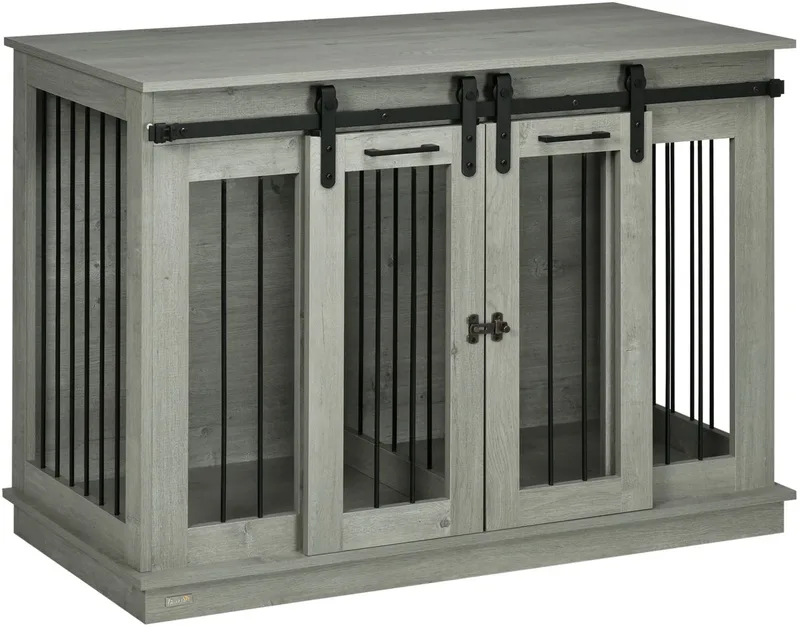 Hundekäfig, Hundehütte mit Zweiraum-Option, Haustierkäfig mit Doppeltüren, Hundebox, Hundehaus für Mittelegroße Hunde, 120 x 60 x 88,5 cm von PawHut in Grau – Produktfoto