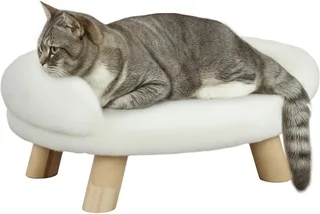 Hundesofa, Hundebett, Haustiersofa mit Erhöhtem Design, Hundecouch, Katzensofa, Hundesessel mit Holzbeine, Flanelle, Creme, 47 x 40 x 20 cm von PawHut in Cremeweiß – Produktfoto 1 von 5