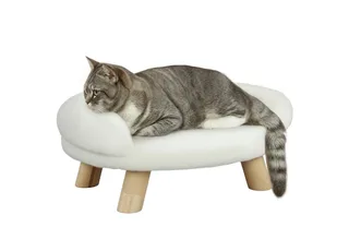 Hundesofa, Hundebett, Haustiersofa mit Erhöhtem Design, Hundecouch, Katzensofa, Hundesessel mit Holzbeine, Flanelle, Creme, 47 x 40 x 20 cm von PawHut in Cremeweiß – Produktfoto 2 von 5
