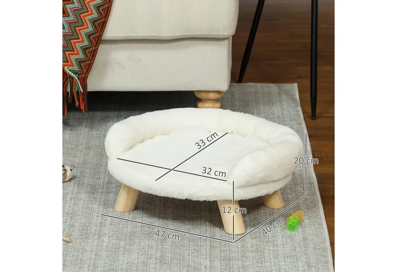 Hundesofa, Hundebett, Haustiersofa mit Erhöhtem Design, Hundecouch, Katzensofa, Hundesessel mit Holzbeine, Flanelle, Creme, 47 x 40 x 20 cm von PawHut in Cremeweiß – Produktfoto 3 von 5