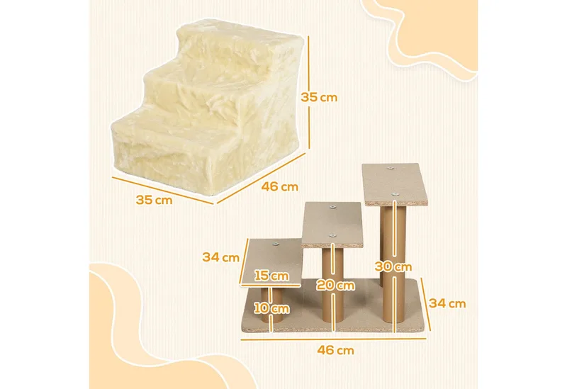 Hundetreppe 3 Stufen 35 cm Hoch Haustiertreppe für kleine Hunde oder Katzen, Katzentreppe Hunderampe mit Waschbar Plüschbezug für Bett, Sofa, Couch by PawHut in Beige – product photo 3 of 5