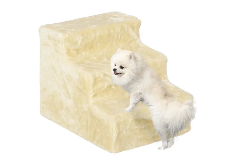 Hundetreppe 3 Stufen 35 cm Hoch Haustiertreppe für kleine Hunde oder Katzen, Katzentreppe Hunderampe mit Waschbar Plüschbezug für Bett, Sofa, Couch by PawHut in Beige – product photo 2 of 5