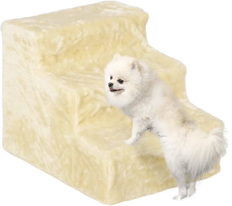 Hundetreppe 3 Stufen 35 cm Hoch Haustiertreppe für kleine Hunde oder Katzen, Katzentreppe Hunderampe mit Waschbar Plüschbezug für Bett, Sofa, Couch by PawHut in Beige – product photo 1 of 5