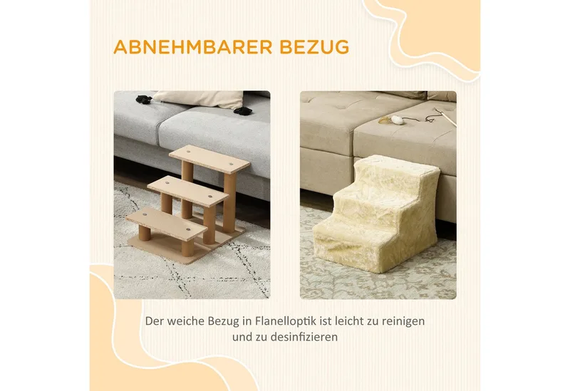 Hundetreppe 3 Stufen 35 cm Hoch Haustiertreppe für kleine Hunde oder Katzen, Katzentreppe Hunderampe mit Waschbar Plüschbezug für Bett, Sofa, Couch by PawHut in Beige – product photo 5 of 5