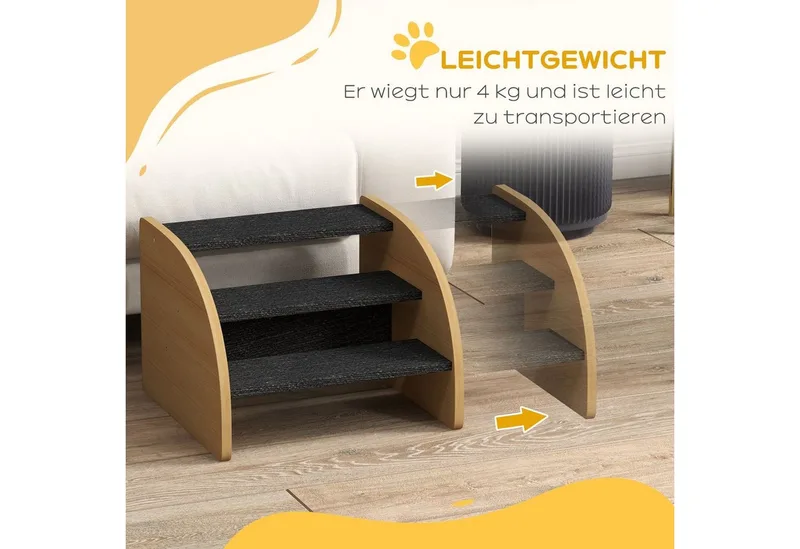 Hundetreppe 3 Stufen, Haustiertreppe mit Seitenwand, Hunderampe für Kleine Hunde bis 10 kg, Kaztentreppe für Sofa, Bett, Rutschfest, Eiche von PawHut in Eiche+Schwarz – Produktfoto 5 von 5