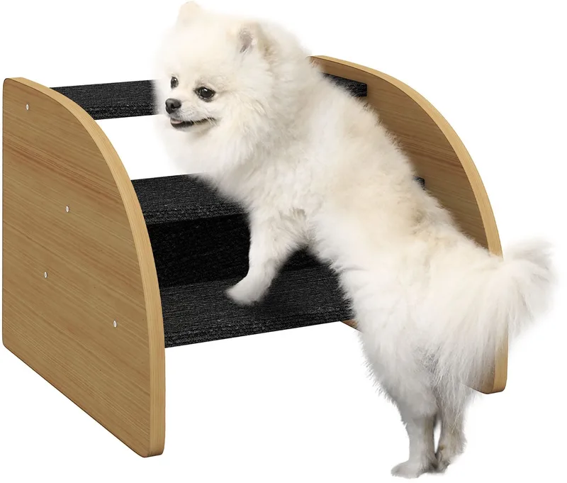 Hundetreppe 3 Stufen, Haustiertreppe mit Seitenwand, Hunderampe für Kleine Hunde bis 10 kg, Kaztentreppe für Sofa, Bett, Rutschfest, Eiche von PawHut in Eiche+Schwarz – Produktfoto 1 von 5
