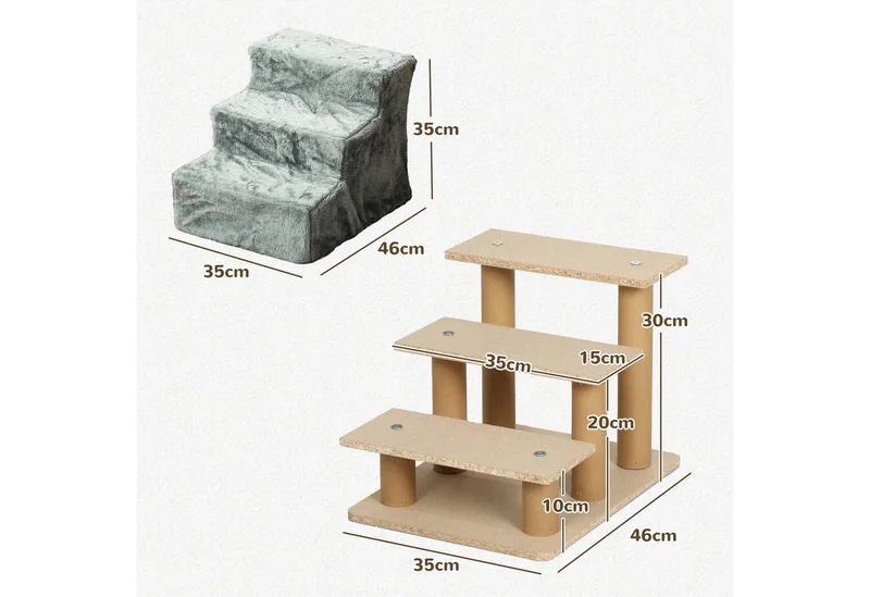 Hundetreppe 3-stufig, 35 cm Katzentreppe für Bett und Sofa, Haustiertreppe für Hunde und Katzen bis 5 kg, Plüschoptik de PawHut en Gris clair – photo produit 3 sur 5