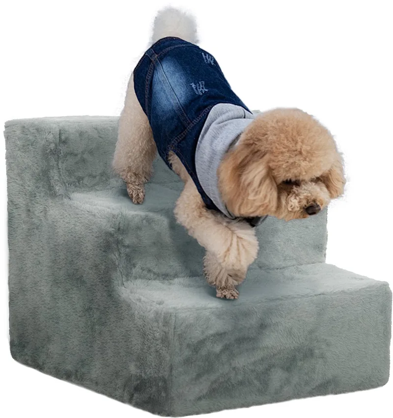 Hundetreppe 3-stufig, 35 cm Katzentreppe für Bett und Sofa, Haustiertreppe für Hunde und Katzen bis 5 kg, Plüschoptik de PawHut en Gris clair – photo produit 1 sur 5