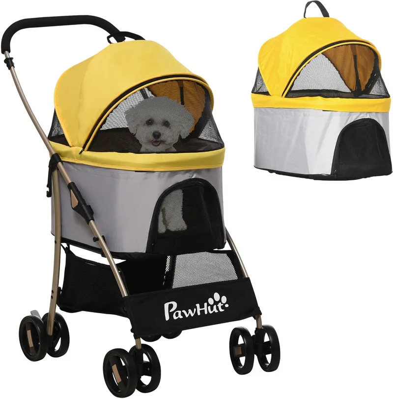 Hundewagen, 2 in 1 Hundetrolley, Tragetasche, faltbarer Hundebuggy mit Kissen, Katzenwagen für kleine Hunde, Katzen, Katzenbuggy mit 4 Rädern, Netzfenster, Oxfordstoff von PawHut in Gelb – Produktfoto