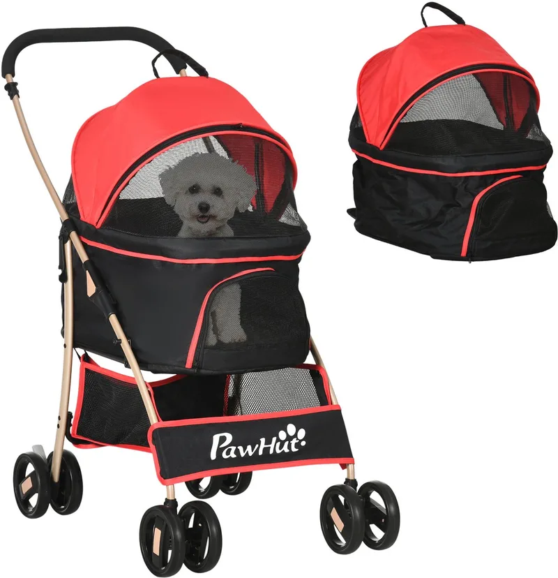 Hundewagen, 2 in 1 Hundetrolley, Tragetasche, faltbarer Hundebuggy mit Kissen, Katzenwagen für kleine Hunde, Katzen, Katzenbuggy mit 4 Rädern, Netzfenster, Oxfordstoff de PawHut en Rouge – photo produit