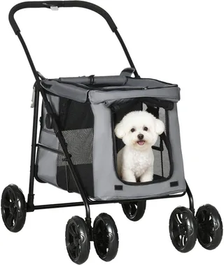 Hundewagen, faltbarer Hundebuggy, Hundetrolley mit Kissen, Katzenbuggy bis 20 kg, Katzenwagen für kleine und mittelgroße Hunde mit Seitentaschen, Netzfenster, Oxford-Gewebe fra PawHut i Grå – produktbillede 1 af 5