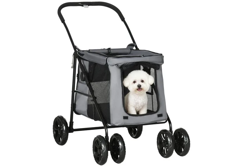 Hundewagen, faltbarer Hundebuggy, Hundetrolley mit Kissen, Katzenbuggy bis 20 kg, Katzenwagen für kleine und mittelgroße Hunde mit Seitentaschen, Netzfenster, Oxford-Gewebe fra PawHut i Grå – produktbillede 2 af 5