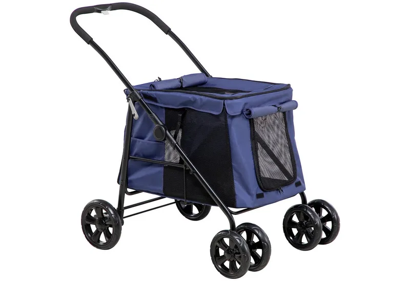 Hundewagen, faltbarer Hundebuggy, Hundetrolley mit Kissen, Katzenbuggy bis 20 kg, Katzenwagen für kleine und mittelgroße Hunde mit Seitentaschen, Netzfenster, Oxford-Gewebe by PawHut in Blue – product photo 2 of 5