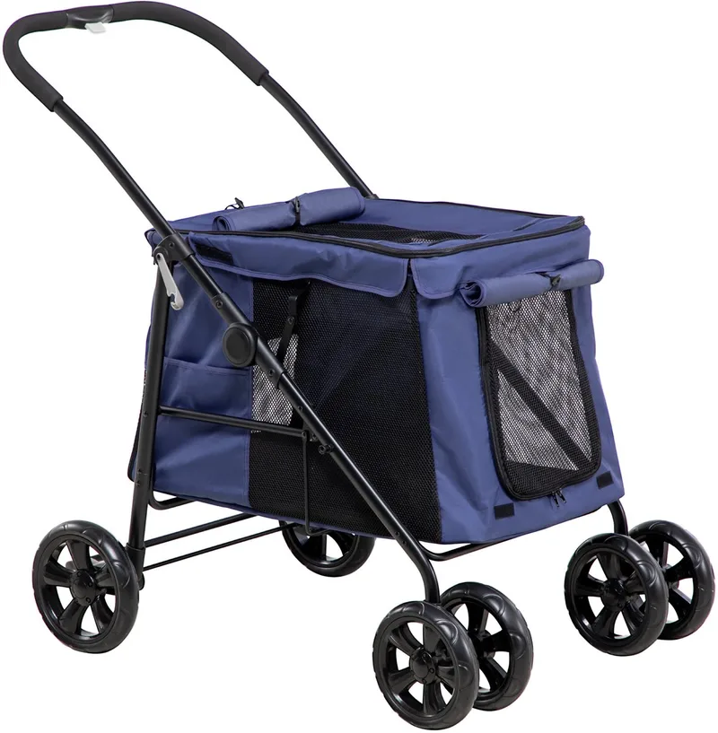 Hundewagen, faltbarer Hundebuggy, Hundetrolley mit Kissen, Katzenbuggy bis 20 kg, Katzenwagen für kleine und mittelgroße Hunde mit Seitentaschen, Netzfenster, Oxford-Gewebe by PawHut in Blue – product photo 1 of 5