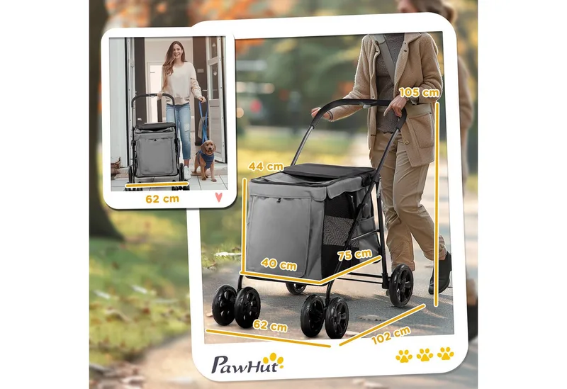 Hundewagen, faltbarer Hundebuggy, Hundetrolley mit Kissen, Katzenbuggy bis 20 kg, Katzenwagen für kleine und mittelgroße Hunde mit Seitentaschen, Netzfenster, Oxford-Gewebe fra PawHut i Grå – produktbillede 3 af 5