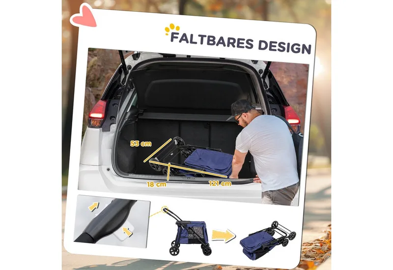 Hundewagen, faltbarer Hundebuggy, Hundetrolley mit Kissen, Katzenbuggy bis 20 kg, Katzenwagen für kleine und mittelgroße Hunde mit Seitentaschen, Netzfenster, Oxford-Gewebe by PawHut in Blue – product photo 5 of 5