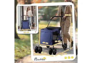 Hundewagen, faltbarer Hundebuggy, Hundetrolley mit Kissen, Katzenbuggy bis 20 kg, Katzenwagen für kleine und mittelgroße Hunde mit Seitentaschen, Netzfenster, Oxford-Gewebe by PawHut in Blue – product photo 3 of 5