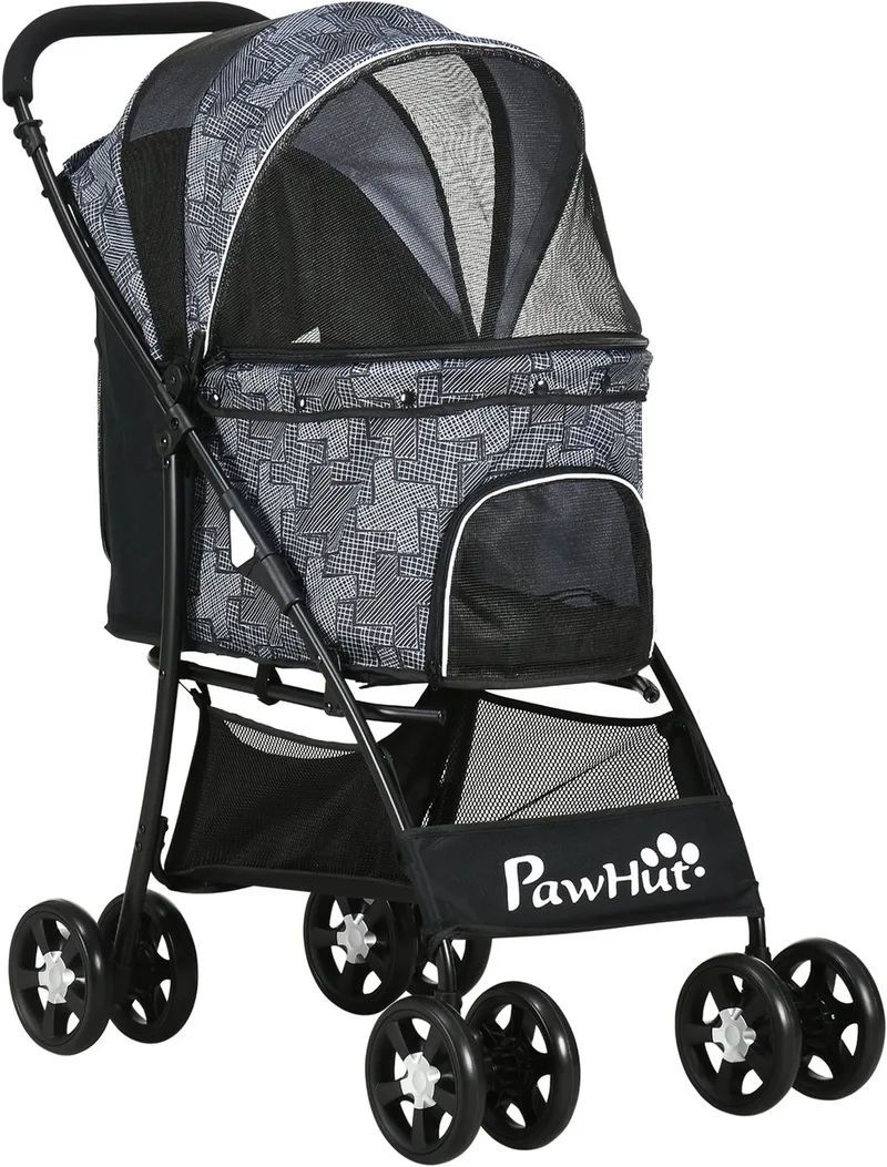 Hundewagen, faltbarer Hundebuggy, Hundetrolley mit Kissen, Katzenbuggy, Katzenwagen mit 4 Rädern, Netzfenster, Stauraum für kleine Hunde, Katzen, 600D Oxford by PawHut in Black – product photo
