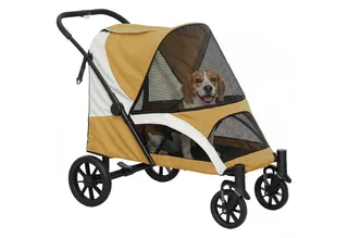 Hundewagen Hundebuggy klappbar für große Hunde & Katzen bis 30 kg Katzenbuggy mit Kissen Netzfenstern Türen Aufbewahrungstasche Katzenwagen mit Sicherheitsleinen, Bremsen, Buggy de PawHut en Marron – photo produit 2 sur 4
