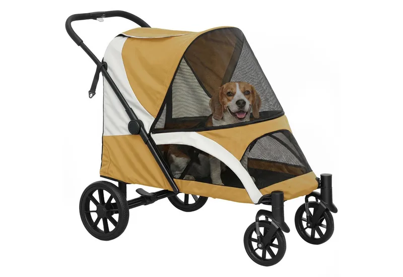 Hundewagen Hundebuggy klappbar für große Hunde & Katzen bis 30 kg Katzenbuggy mit Kissen Netzfenstern Türen Aufbewahrungstasche Katzenwagen mit Sicherheitsleinen, Bremsen, Buggy de PawHut en Marron – photo produit 2 sur 4