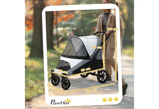 Hundewagen Hundebuggy klappbar für große Hunde & Katzen bis 30 kg Katzenbuggy mit Kissen Netzfenstern Türen Aufbewahrungstasche Katzenwagen mit Sicherheitsleinen, Bremsen, Buggy de PawHut en Gris – photo produit 3 sur 4