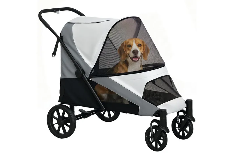 Hundewagen Hundebuggy klappbar für große Hunde & Katzen bis 30 kg Katzenbuggy mit Kissen Netzfenstern Türen Aufbewahrungstasche Katzenwagen mit Sicherheitsleinen, Bremsen, Buggy de PawHut en Gris – photo produit 2 sur 4
