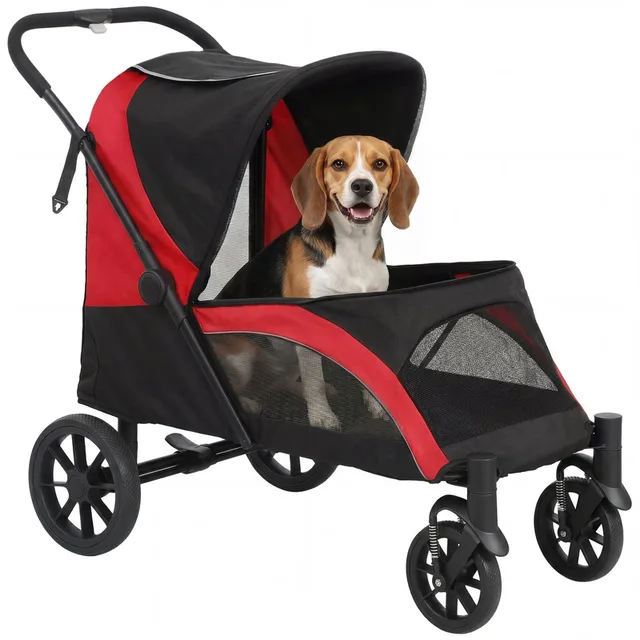 Hundewagen Hundebuggy klappbar für große Hunde & Katzen bis 30 kg Katzenbuggy mit Kissen Netzfenstern Türen Aufbewahrungstasche Katzenwagen mit Sicherheitsleinen, Bremsen, Buggy