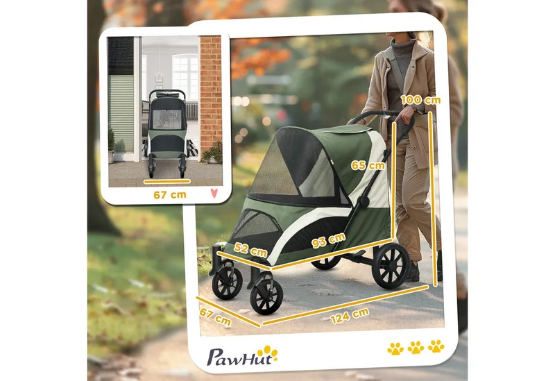 Hundewagen Hundebuggy klappbar für große Hunde & Katzen bis 30 kg Katzenbuggy mit Kissen Netzfenstern Türen Aufbewahrungstasche Katzenwagen mit Sicherheitsleinen, Bremsen, Buggy de PawHut en Vert foncé – photo produit 3 sur 4