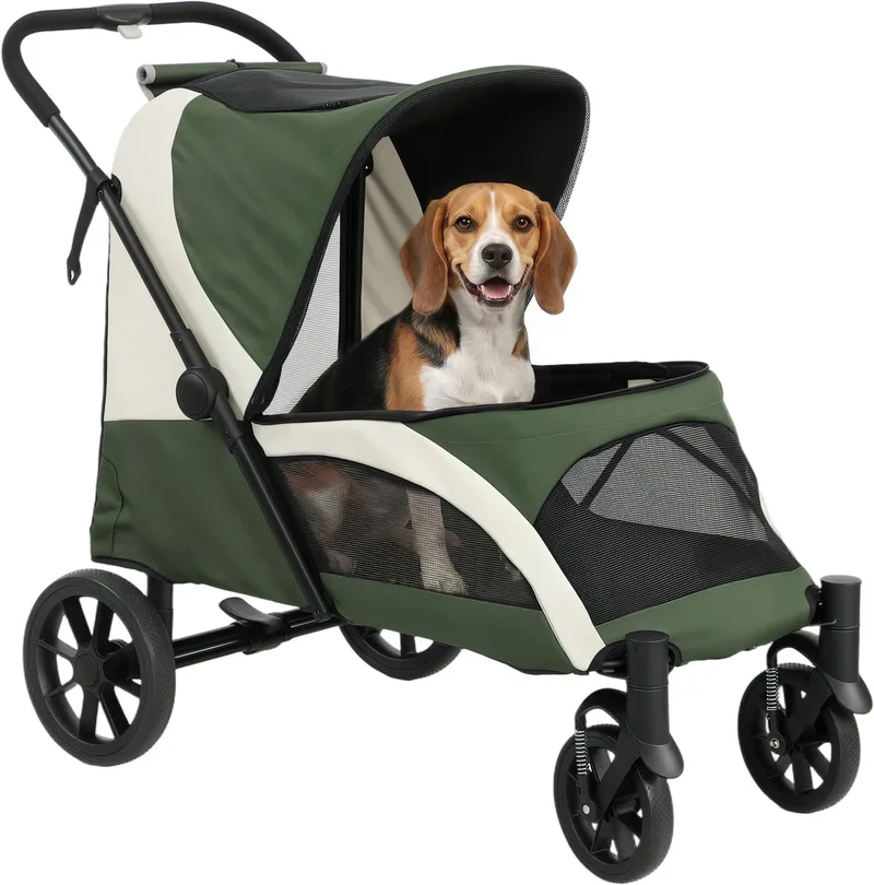 Hundewagen Hundebuggy klappbar für große Hunde & Katzen bis 30 kg Katzenbuggy mit Kissen Netzfenstern Türen Aufbewahrungstasche Katzenwagen mit Sicherheitsleinen, Bremsen, Buggy de PawHut en Vert foncé – photo produit 1 sur 4