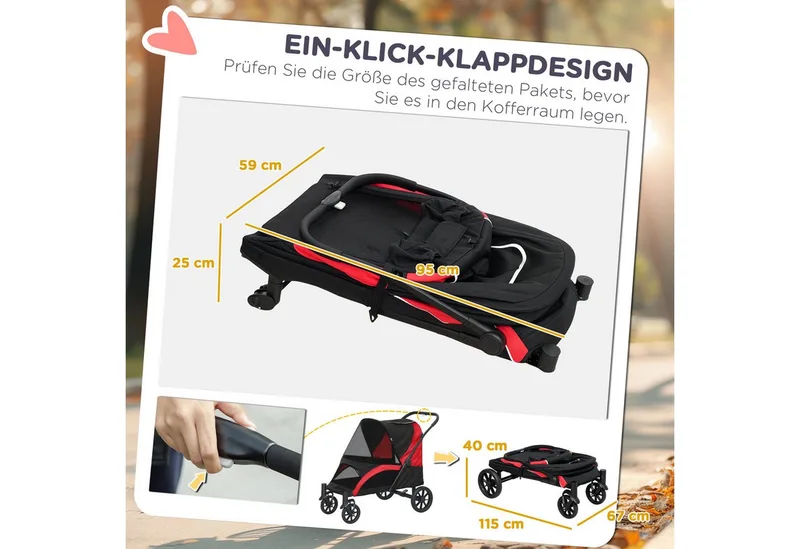 Hundewagen Hundebuggy klappbar für große Hunde & Katzen bis 30 kg Katzenbuggy mit Kissen Netzfenstern Türen Aufbewahrungstasche Katzenwagen mit Sicherheitsleinen, Bremsen, Buggy von PawHut in Schwarz – Produktfoto 4 von 4