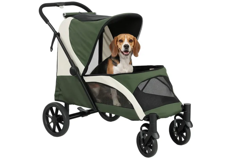 Hundewagen Hundebuggy klappbar für große Hunde & Katzen bis 30 kg Katzenbuggy mit Kissen Netzfenstern Türen Aufbewahrungstasche Katzenwagen mit Sicherheitsleinen, Bremsen, Buggy de PawHut en Vert foncé – photo produit 2 sur 4